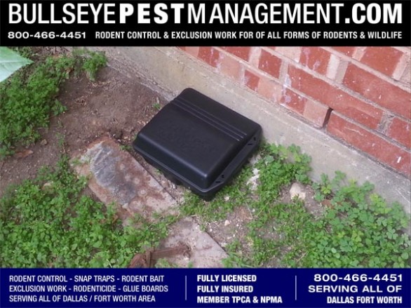 Rodent Control Bait Station by Bullseye Pest Management serving all of Dallas Fort Worth and surrounding areas.  Bullseye Pest’s Rodent Bait has no secondary kill effects.  Bullseye Pest Management maintains a diligent record and schedule of bait stations so that neglect and poor bait maintenance are not a factor in your Pest Management.