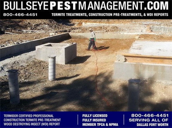 Termite Pre-Treatment of New Home Construction by Certified Applicator and Owner of Bullseye Pest Management DFW Texas 800-466-4451