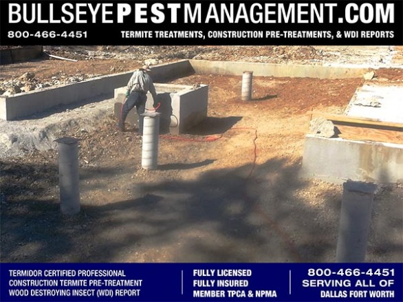 Termite Pre-Treatment of New Home Construction by Bullseye Pest Management serving Dallas Fort Worth Texas 800-466-4451