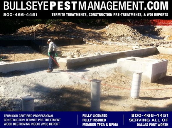 Termite Pre-Treatment of New Home Construction by Bullseye Pest Management serving Dallas Fort Worth Texas and all surrounding Cities call now at 800-466-4451
