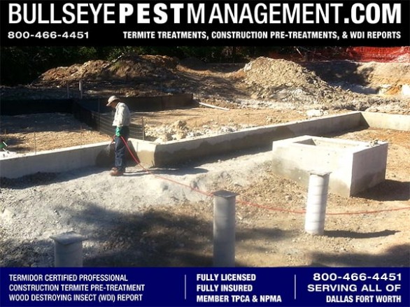 Termite Pre-Treatment of New Homes and Commercial Construction by Bullseye Pest Management serving Dallas Fort Worth Texas 800-466-4451