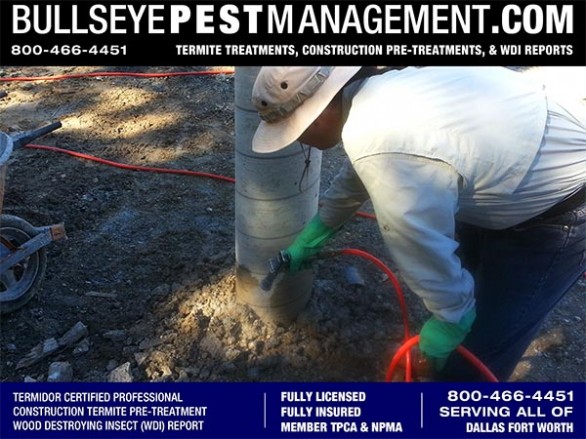 Termite Pre-Treatment spraying soil and concrete of New Home Construction by Bullseye Pest Management serving all of Dallas Fort Worth Texas and surrounding areas call 800-466-4451