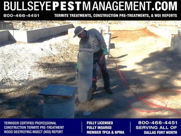 Termite Pre-Treatment of New Home Construction by Bullseye Pest Management owner Steve Moseley a Purdue Certified Professional serving Dallas Fort Worth Texas 800-466-4451